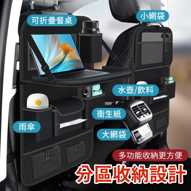 車用椅背收納袋 可折疊餐盤(高級納帕紋皮革 後排餐桌置物袋 飲料杯架 面紙盒 平板收納)