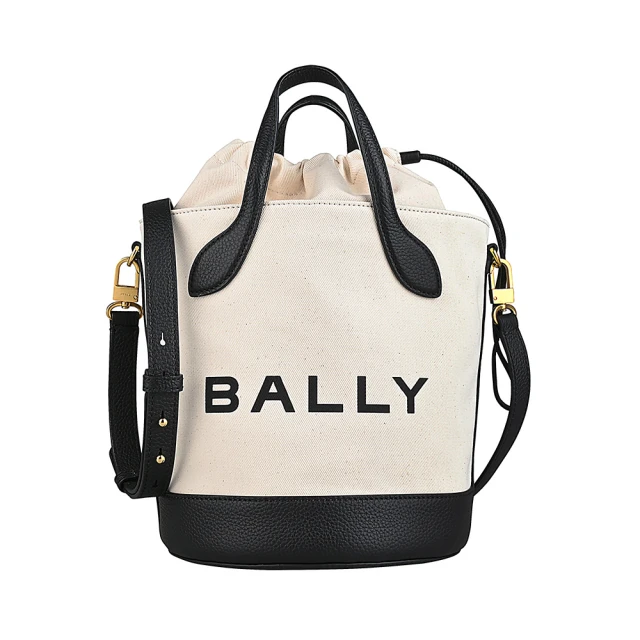 BALLY BALLY BAR壓印黑字LOGO設計帆布拼接牛皮束口手提斜背包(米白x黑)