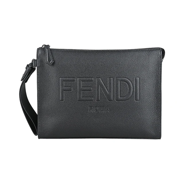 FENDI 芬迪 FENDI立體英文凸字LOGO小牛皮拉鍊手拿包(黑)