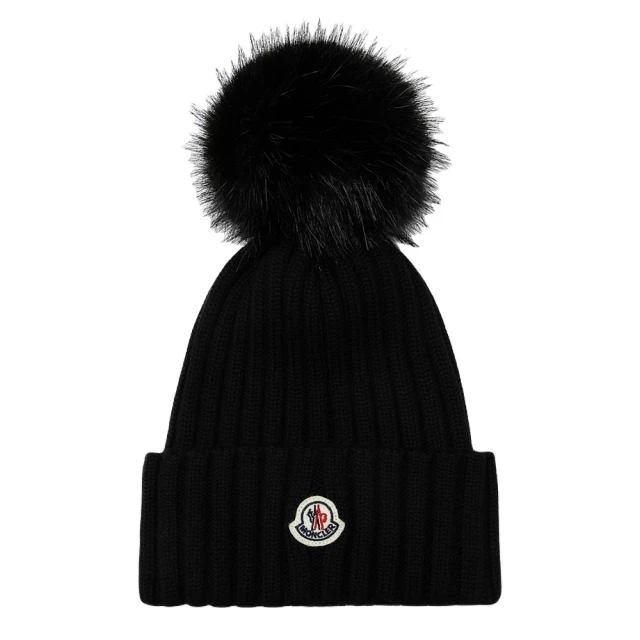 MONCLER 秋冬新款 品牌LOGO 毛球毛帽-黑色(ONE SIZE)