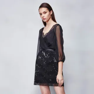 【iROO】軟烏干拼接亮片短洋裝