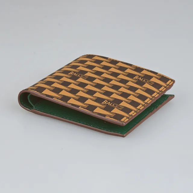 【BALLY】BALLY幾何三角旗印花LOGO內撞色設計TPU 8卡對折短夾(深褐x淺棕x松花綠)