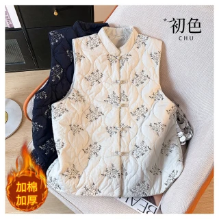 【初色】文藝風刺繡半立領無袖新中式保暖鋪棉背心休閒外套女外套-共2色-39850(M-2XL可選)