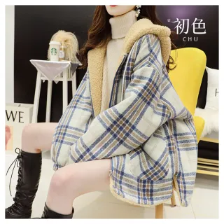【初色】韓版復古格紋羊羔絨連帽口袋抽繩燈籠袖外套女外套-共2色-39914(M-2XL可選)