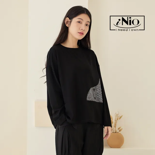 【iNio 衣著美學】長袖上衣 冬新品 現貨 幾何拼接 圓領 長袖棉T CDW1713