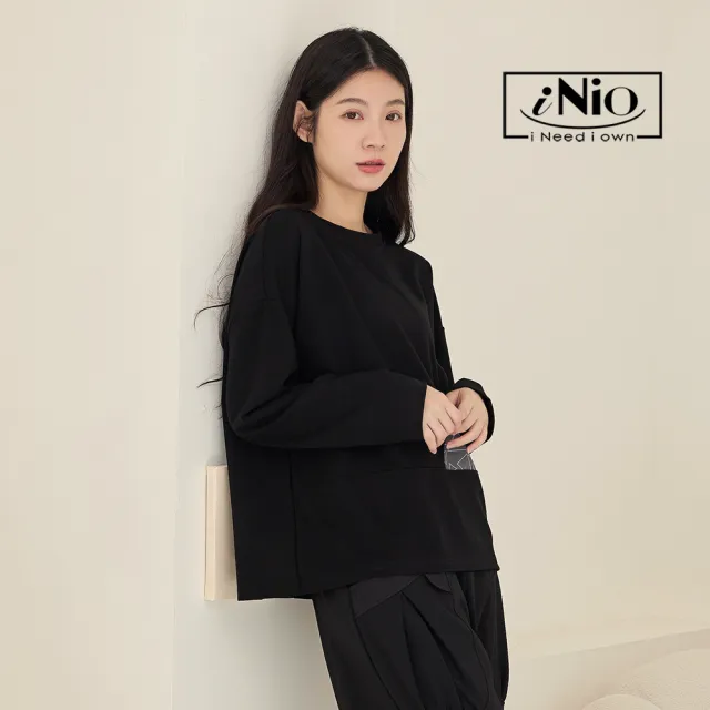 【iNio 衣著美學】長袖上衣 冬新品 現貨 幾何拼接 圓領 長袖棉T CDW1713