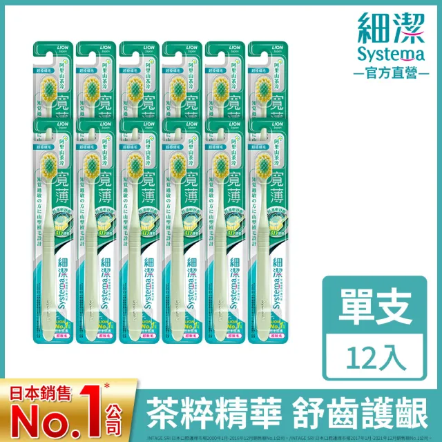 【LION 獅王】細潔寬薄牙刷12入(椰萃護齦/炭能抗菌/茶究柔護)