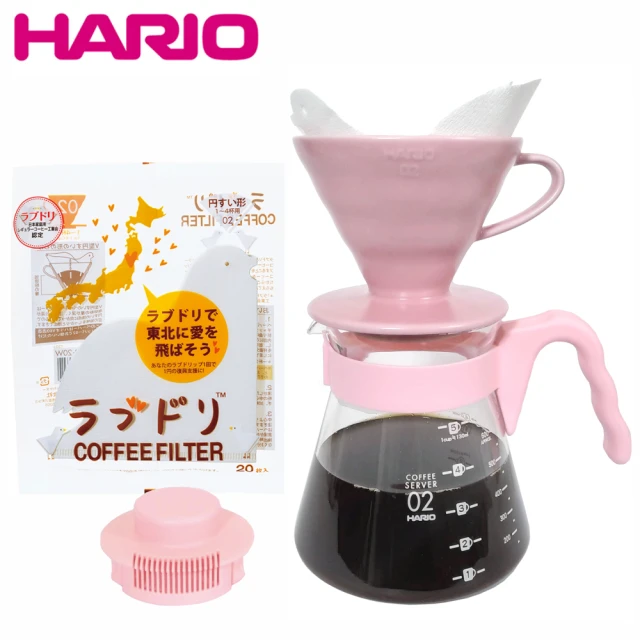 HARIO V60粉桃色02陶瓷濾杯咖啡壺組(附贈 愛情白鴿濾紙)