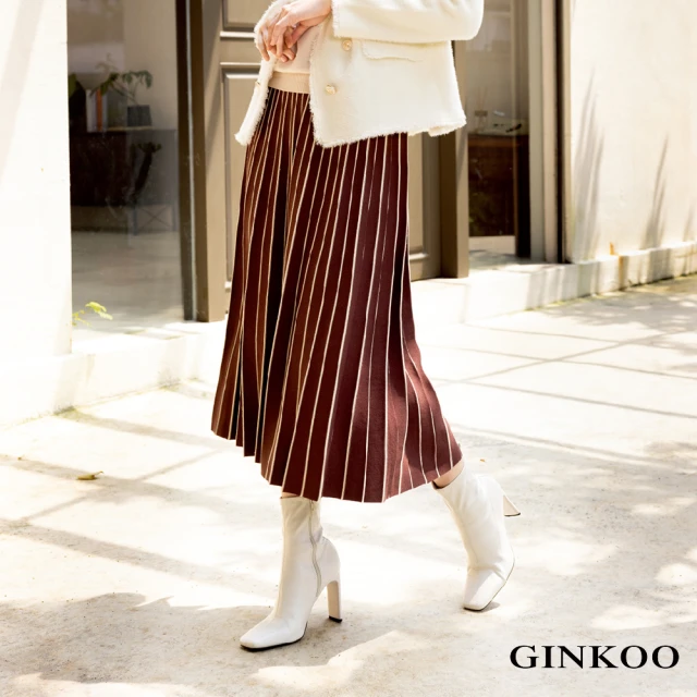 【GINKOO 俊克】跳色針織褶裙