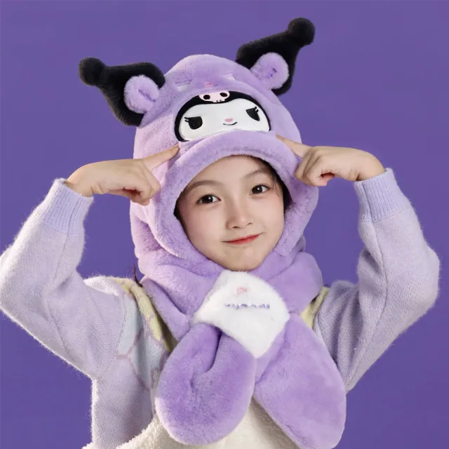 【SANRIO 三麗鷗】三麗鷗兒童毛帽圍巾2合1套組(酷洛米/美樂蒂/大耳狗/凱蒂貓 交換禮物/聖誕禮物)