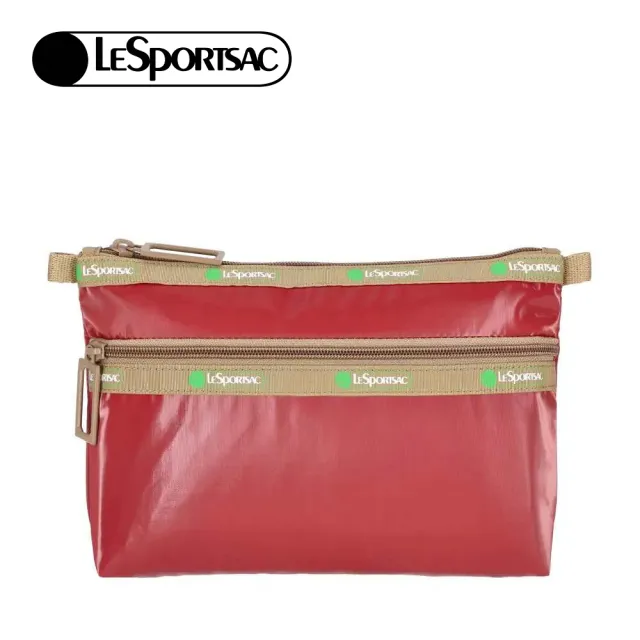 【Lesportsac】50周年雙層拉鍊收納化妝包 送禮 禮物 推薦 女包(亮酒紅色)