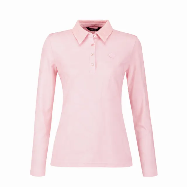 【PING】女款蕾絲剪接緹花薄長袖POLO衫-粉橘(吸濕排汗/抗UV/GOLF/高爾夫球衫/RA24207-23)