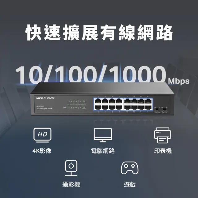【Mercusys 水星】16埠 port Gigabit 桌面 機架式 乙太網路交換器 金屬殼 隨插即用 switch hub(MS116GS)