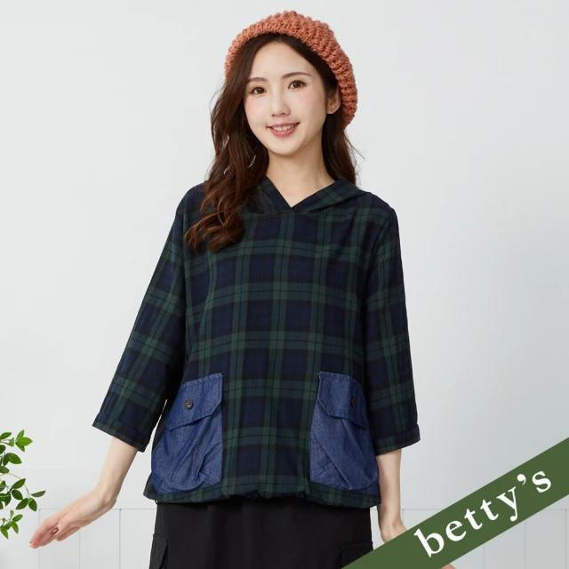 betty’s 貝蒂思 牛仔口袋拼接格紋連帽七分袖上衣(綠色)