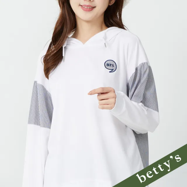【betty’s 貝蒂思】出清品  逗號刺繡條紋拼接連帽T-shirt(白色)