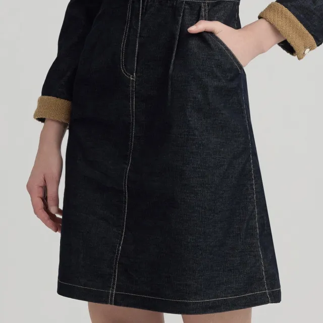 【ILEY 伊蕾】優雅拼接兔毛燈芯絨洋裝(深藍；M-XL；1244317041)