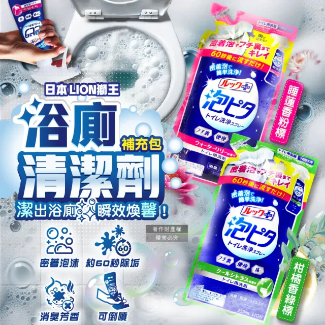 【日本LION獅王】LOOK PLUS密著泡沫約60秒除垢消臭浴廁馬桶清潔劑補充包250ml/袋(衛浴地板潔廁噴霧液劑)
