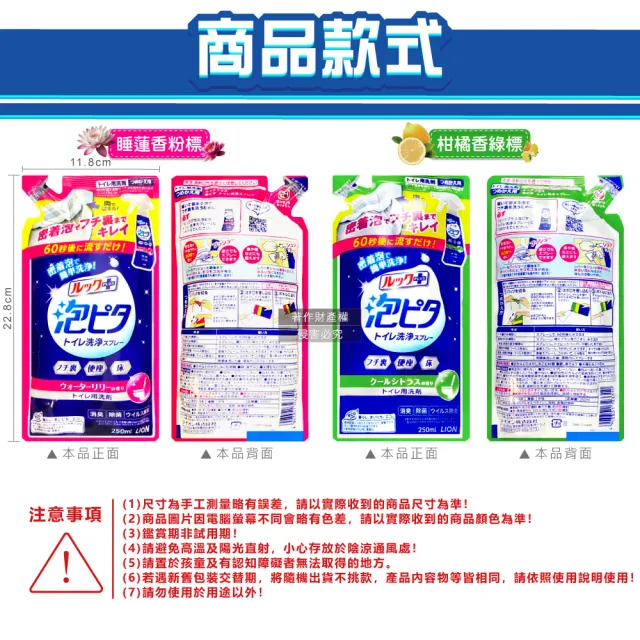 【日本LION獅王】LOOK PLUS密著泡沫約60秒除垢消臭浴廁馬桶清潔劑補充包250ml/袋(衛浴地板潔廁噴霧液劑)