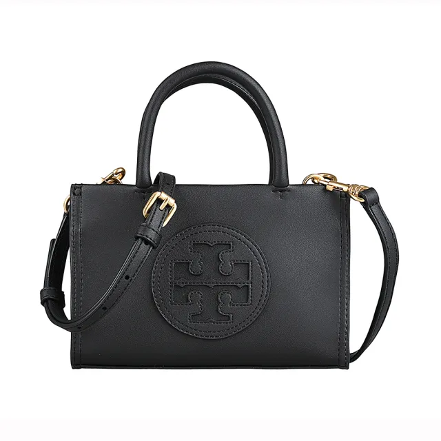 【TORY BURCH】TORY BURCH ELLA BIO簡約圓形皮標鏤空字母LOGO設計生物基皮革吸釦式手提斜背包(迷你/黑)