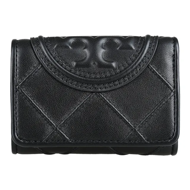 【TORY BURCH】TORY BURCH Fleming圓形浮雕雙T標誌菱格紋納帕皮革翻蓋扣式短夾(黑)