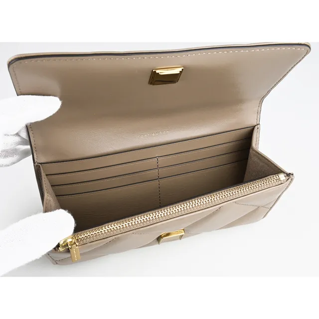 【TORY BURCH】TORY BURCH Kira經典雙T LOGO菱格絎縫皮革翻蓋磁吸扣式長夾(灰褐)