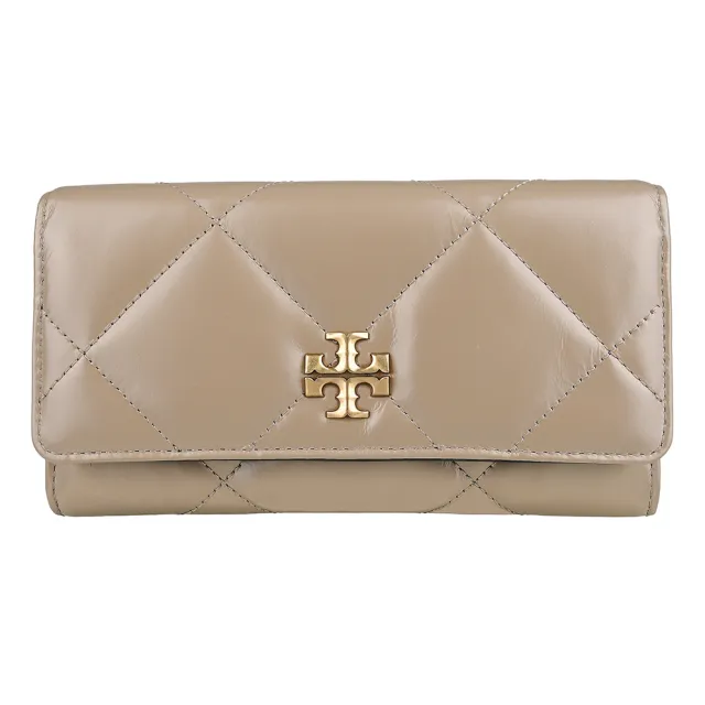【TORY BURCH】TORY BURCH Kira經典雙T LOGO菱格絎縫皮革翻蓋磁吸扣式長夾(灰褐)