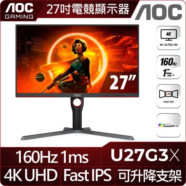 AOCAOC U27G3X 27型 IPS 4K 160Hz電競螢幕(G-SYNC/HDR400/1ms)