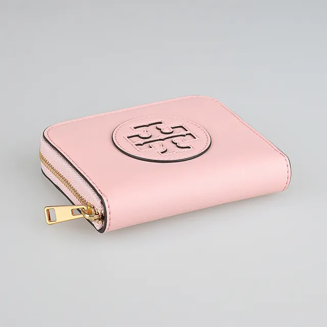 【TORY BURCH】TORY BURCH Ella Bio皮革圓形LOGO牛皮4卡拉鍊零錢包(小/腮粉紅)