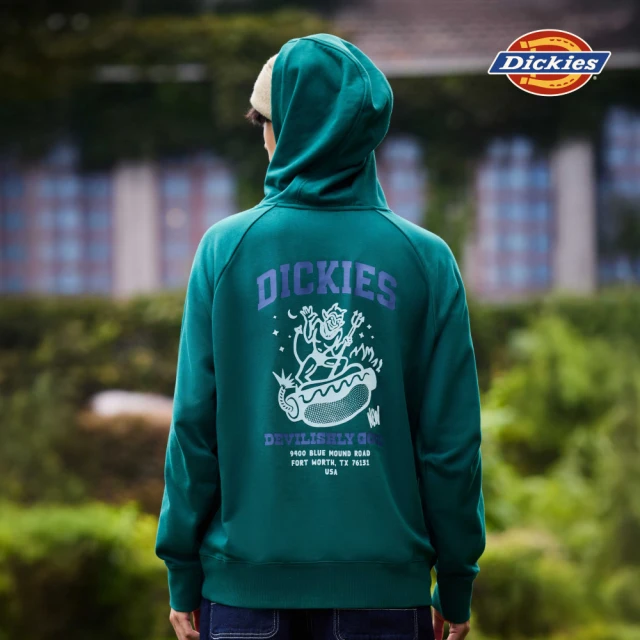 Dickies 男款雨林綠背面趣味惡魔圖案印花休閒連帽大學T｜DK0A87FEJ60