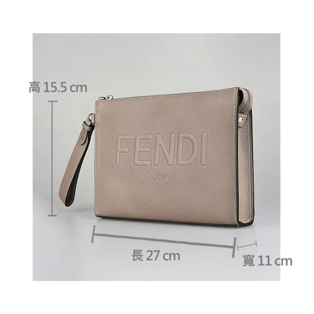 【FENDI 芬迪】FENDI ROMA壓印字母LOGO荔枝紋設計小牛皮6卡拉鍊手拿包(男款/黑香檳粉)