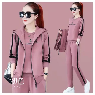 【初色】印花圓領長袖T恤女上衣+拉鍊連帽女背心+拼接撞色休閒褲寬褲長褲套裝-共5色-39631(M-4XL可選)