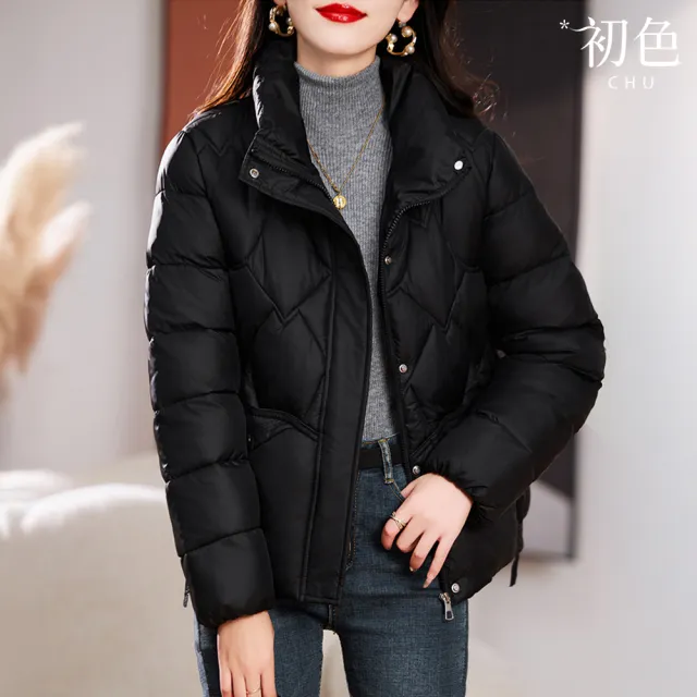 【初色】簡約純色短款立領寬鬆修身保暖加厚科技保暖纖維棉外套女外套-共4色-39128(M-2XL可選)