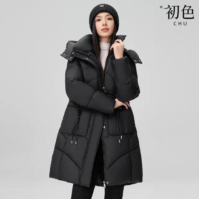 【初色】洋氣中長款純色拉鍊口袋立領長袖插肩袖連帽科技保暖纖維棉服外套女外套-共5色-39158(M-3XL可選)