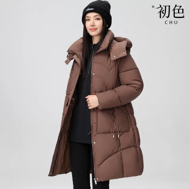 【初色】洋氣中長款純色拉鍊口袋立領長袖插肩袖連帽科技保暖纖維棉服外套女外套-共5色-39158(M-3XL可選)