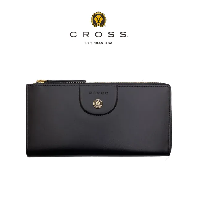 【CROSS】頂級小牛皮超薄型L形拉鍊長夾 蘇菲系列(黑色 送禮盒提袋)