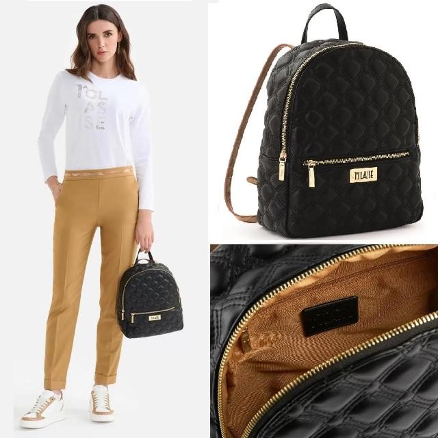 【Alviero Martini】義大利地圖包 輕奢菱格紋 前口袋拉鍊後背包(黑色)