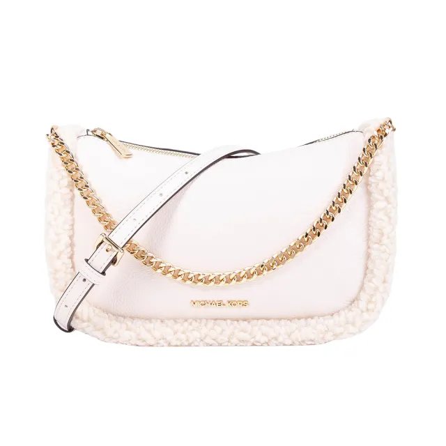 【Michael Kors】CARMELA 荔枝皮紋毛邊手提斜背包(白色)