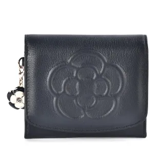 【CLATHAS】山茶花壓印質感軟皮革壓釦零錢短夾(海軍藍)