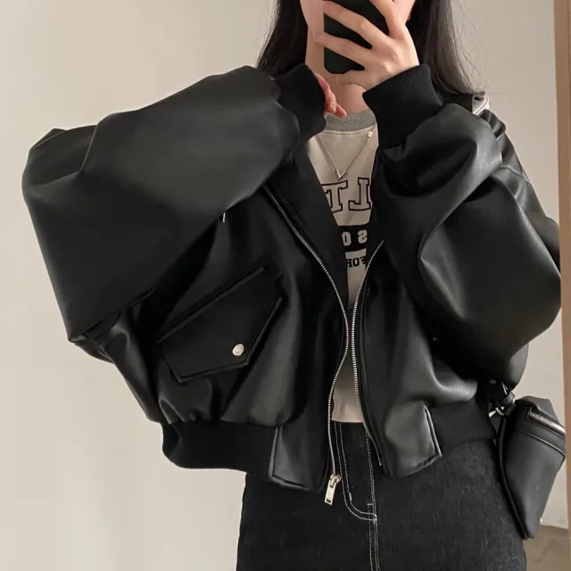 【D.studio】韓版復古寬鬆假兩件皮衣外套(連帽外套女裝衣服上衣保暖外套保暖上衣冬天外套皮外套 J375)