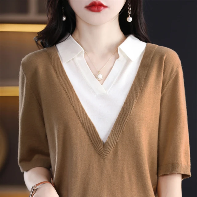 Very Buy 非常勸敗Very Buy 非常勸敗 預購/春夏領拼接假兩件短袖女薄款全棉襯衫領短袖上衣女