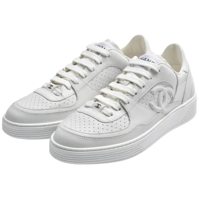 【CHANEL 香奈兒】經典雙C LOGO小牛皮撞色鞋帶運動鞋(白色G45079-WHI)