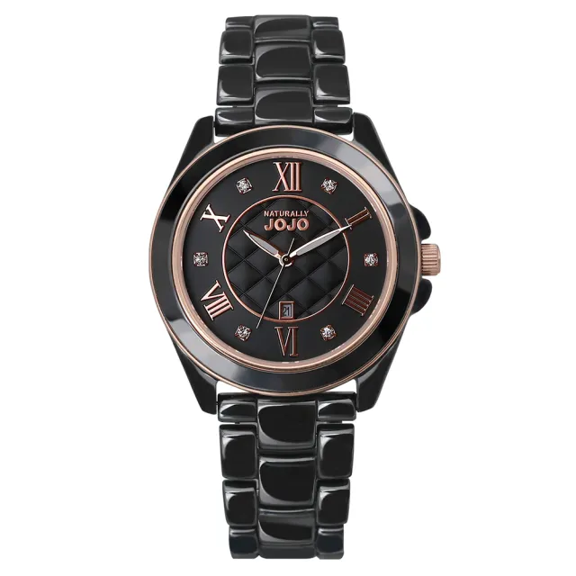 【NATURALLY JOJO】羅馬數字 菱格紋晶鑽 陶瓷腕錶 石英錶-黑色 36mm(JO96995-88R)