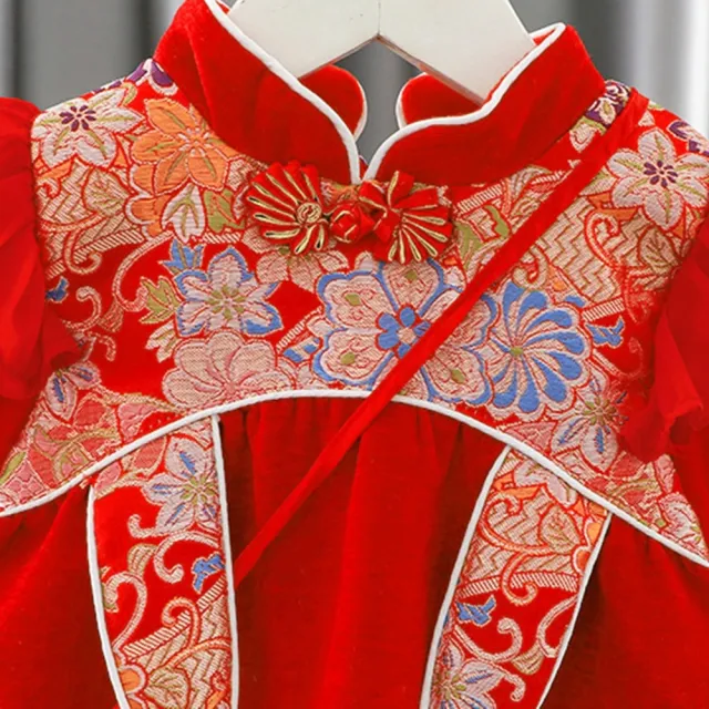 【橘魔法】日式彩花刺繡刷絨旗袍洋裝(附小包包 長版上衣 旗袍 拜年服 過年 新年 大紅 女童 兒童 童裝)