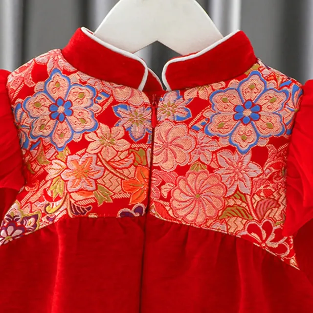 【橘魔法】日式彩花刺繡刷絨旗袍洋裝(附小包包 長版上衣 旗袍 拜年服 過年 新年 大紅 女童 兒童 童裝)