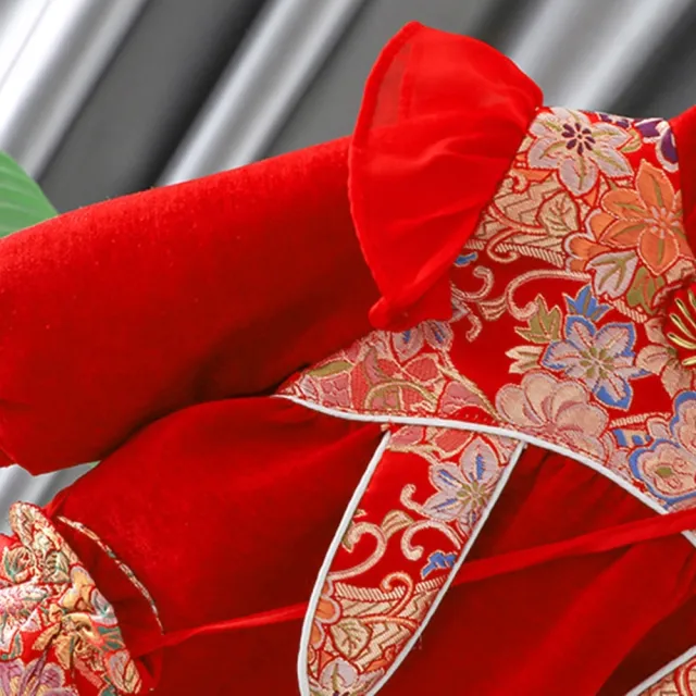 【橘魔法】日式彩花刺繡刷絨旗袍洋裝(附小包包 長版上衣 旗袍 拜年服 過年 新年 大紅 女童 兒童 童裝)
