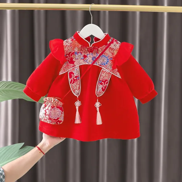 【橘魔法】日式彩花刺繡刷絨旗袍洋裝(附小包包 長版上衣 旗袍 拜年服 過年 新年 大紅 女童 兒童 童裝)