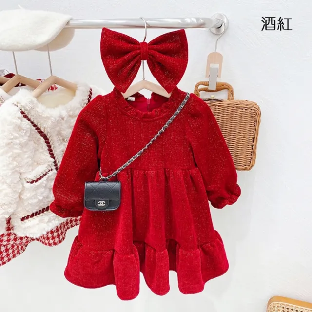【橘魔法】閃閃花邊領細刷絨長袖洋裝(附蝴蝶結髮圈 連衣裙 連身裙 大紅 過年 新年 女童 兒童 童裝)