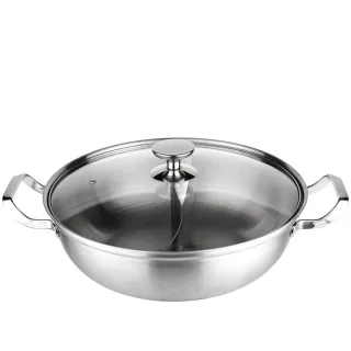 【Chieh Pao 潔豹】316不鏽鋼 樂纖複合金雙格火鍋 28CM 4.0L(鴛鴦鍋 湯鍋 強化玻璃蓋 電磁爐可用)