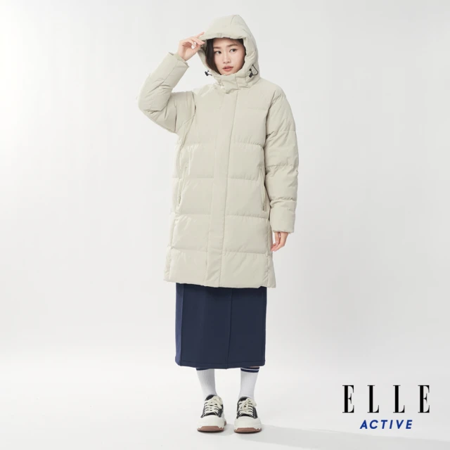 ELLE ACTIVE 女款 禦寒保暖韓風長版連帽鋪棉外套-米白色(EA24A2W6801#91)