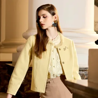 【ILEY 伊蕾】可拆皮草毛領毛料修身外套(淺黃；M-2L；1244314039)